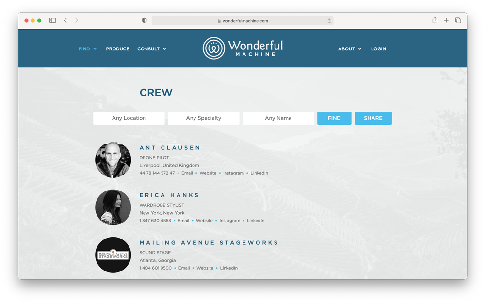 Wonderful Machine's Find Crew page making hiring crew easy