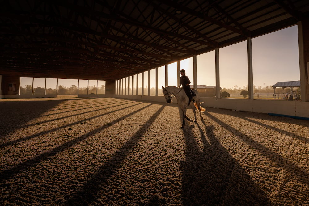 Portrait of silhouetted rider on horseback, inside open farm building,  in early morning sunlight with thick haze, by Fort Myers, FL-based lifestyle photographer Brian Tietz.