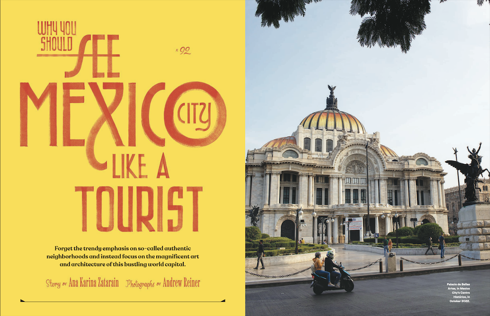 Tear sheet with two riders on moped, before grand off-white building with glass domes, by Mexico City-based travel photographer Andrew Reiner. 