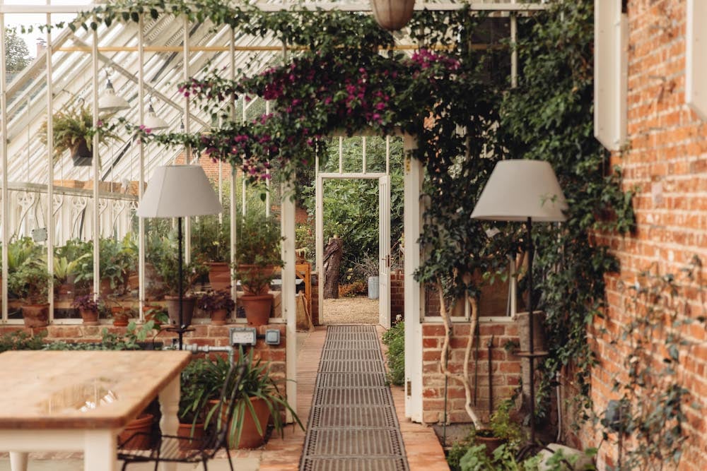 Photo of greenhouse with plants, wooden table, and standing lamps, by London-based portrait photographer Dunja Opalko.
