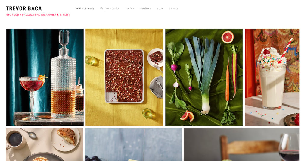 Food and drink photographer Trevor Baca approached Wonderful Machine interested in our client introduction service. This is a screenshot of his website showing his extensive experience and talent in this specialty.