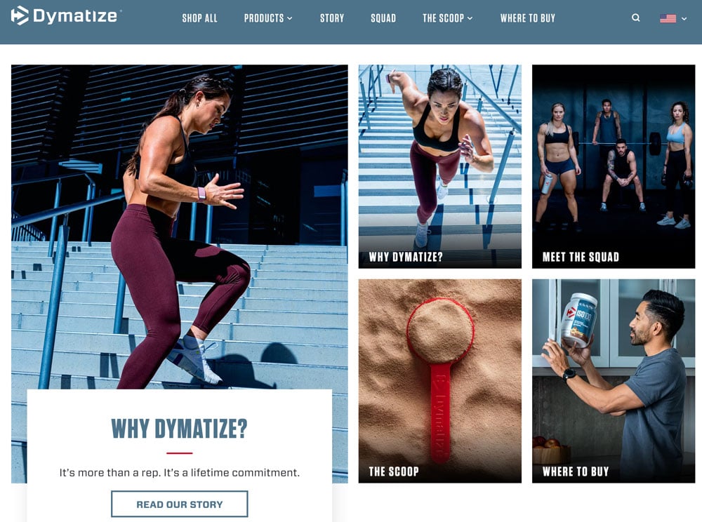 Screenshot from Dymatize website of various athletes and protein supllements.
