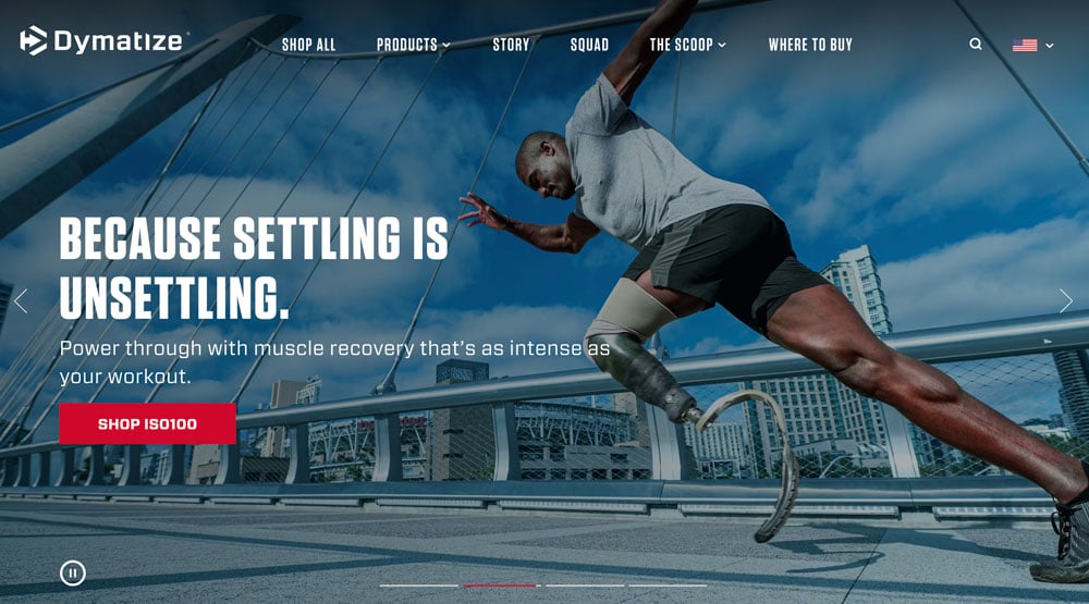 Screenshot from Dymatize website of athlete sprinting across suspension bridge in downtown San Diego. 