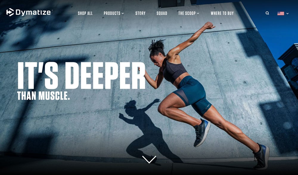 Screenshot from Dymatize website of athlete sprinting shot by sports and fitness photographer Erik Isakson.