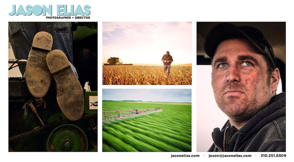 A digital promo featuring some of Jason Elias' images related to the agricultural industry. It showcases four striking images - one of a farmworkers muddy boots, another of a farmer inspecting crops in a field, a third of an industrial watering system spraying a green field, and the last of is a closeup of a farmer's face after a long day working.