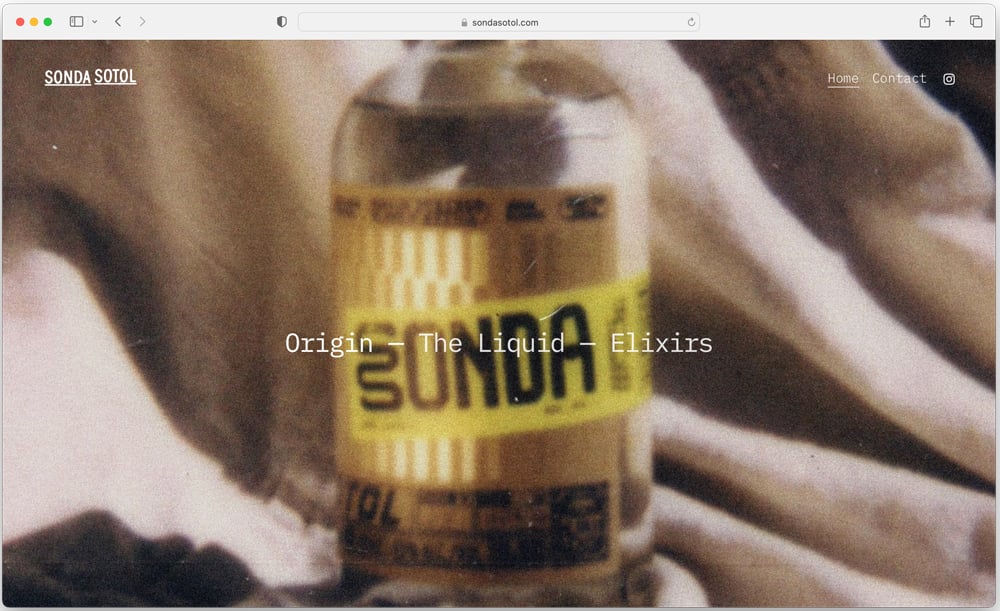 Screenshot of the Sonda Sotol homepage featuring a bottle photographed by Cathlin McCullough.