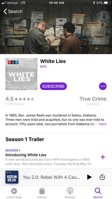 Previous photo is shown as part of the White Lies podcast listing in the Podcast app