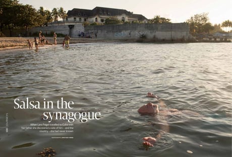 Tearsheet for the social documentary article in the Economist's 1843 magazine showing a man floating peacefully in a body of water.