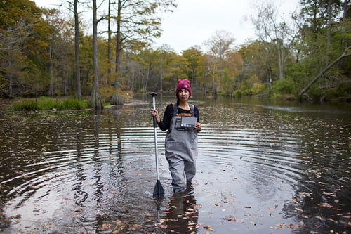 behind the scenes showing a woman standing in a lake holding a color chart and a paddle