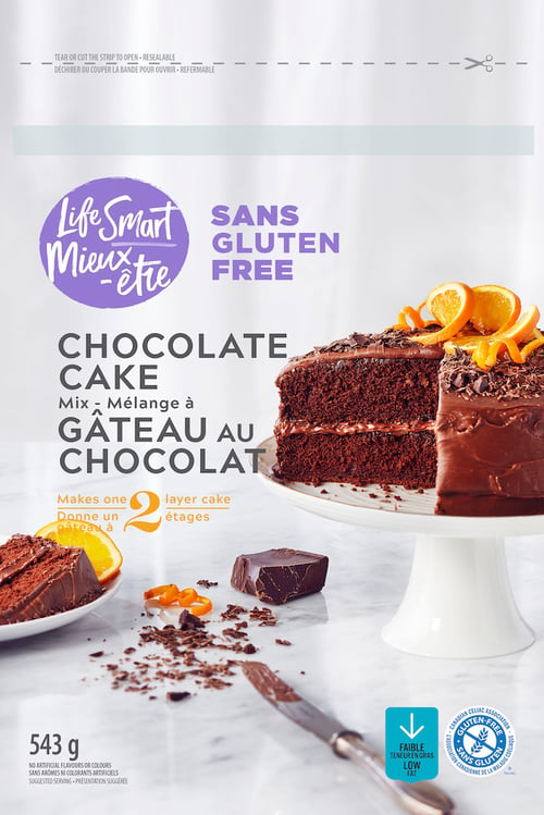 Packaging tear sheet of chocolate cake mix, presenting cake on cake stand garnished with orange slices and zest, by Montreal, Canada-based food/drink photographer David De Stefano.