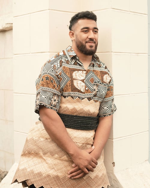 Photo of rugby player in traditional Tongan garments, by Cardiff, United Kingdom-based portrait photographer Francesca Jones.