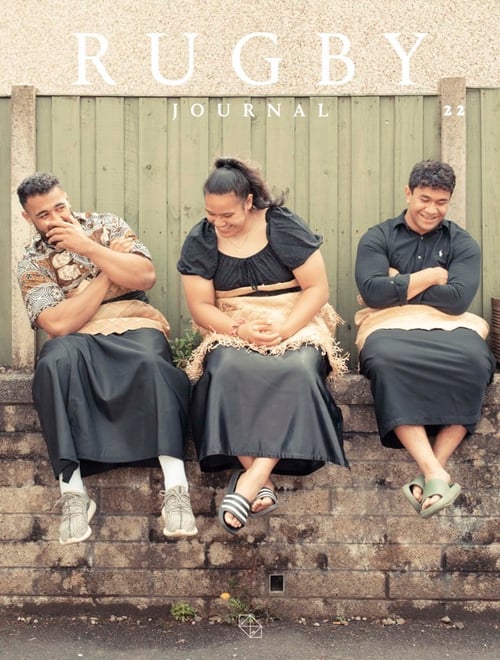 Tear sheet of three young rugby players in traditional Tongan garments, sitting on stone wall, by Cardiff, United Kingdom-based portrait photographer Francesca Jones.