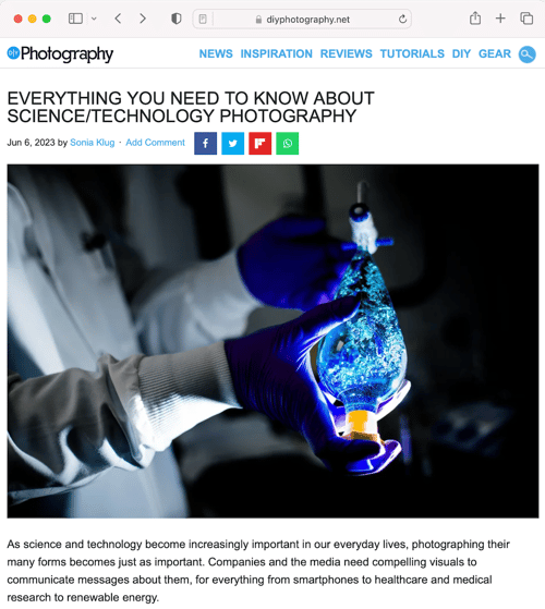 our specialty article on Science/technology photography shown in a screenshot from DIY photography's website