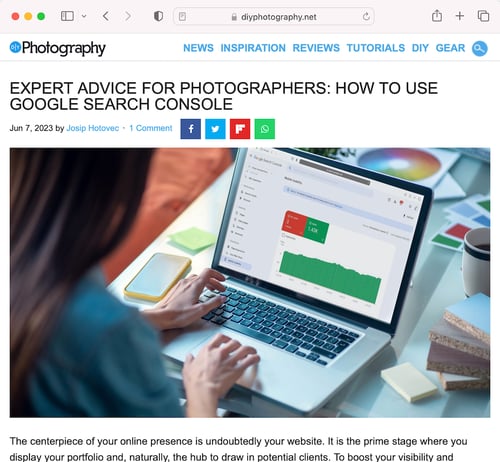 Screenshot showing Wonderful Machine's expert advice article on Google Search Console, on DIY photography's website
