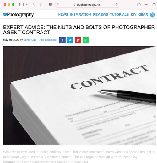 a picture of a contract attached to an expert advice article, republished on DIY photography's website