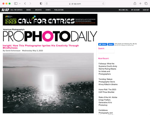 Screenshot from ProPhotoDaily showing a republished Wonderful Machine article on fine art photography 
