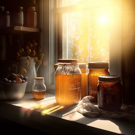 AI image of a honey jar on a windowsill created by food and beverage photographer Teri Campbell.