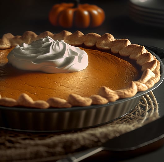 Close up image of a pumpkin pie with whip cream created by food photographer Teri Campbell with AI tool Midjourney.