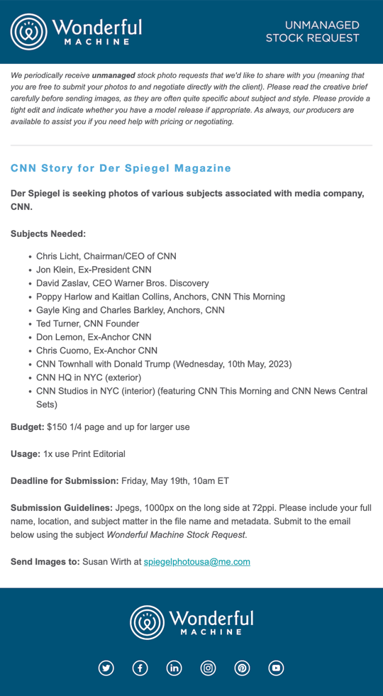 Der spiegal's stock request for subjects linked to CNN for an editorial piece 