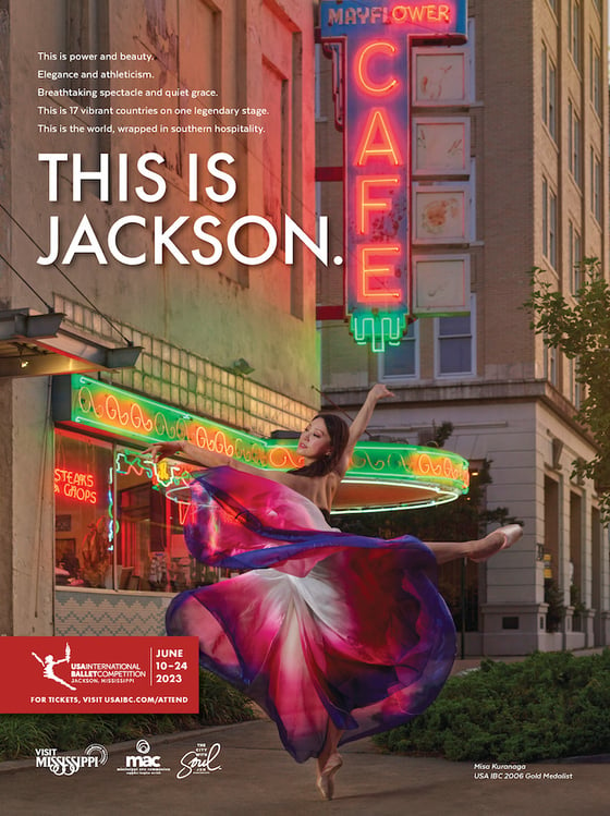 Tear sheet of ballet dancer twirling in colorful dress in front of Mayflower Cafe, by Tuscaloosa, Alabama-based music/performing arts photographer Michael J. Moore