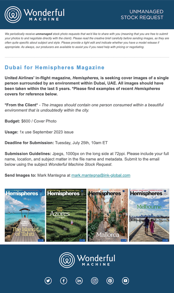 The unmanaged stock request sent to Wonderful Machine in July 2023 from Hemispheres Magazine requesting cover images 