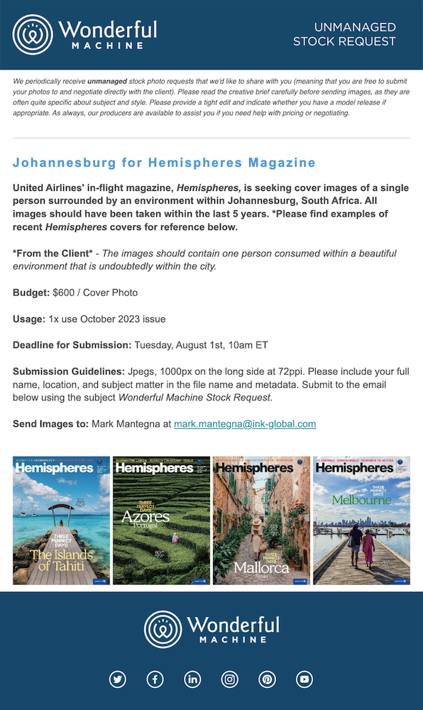 Hemispheres Magazine's July 2023 stock request for cover photos of a single person surrounded by the environment of johannesburg, south africa