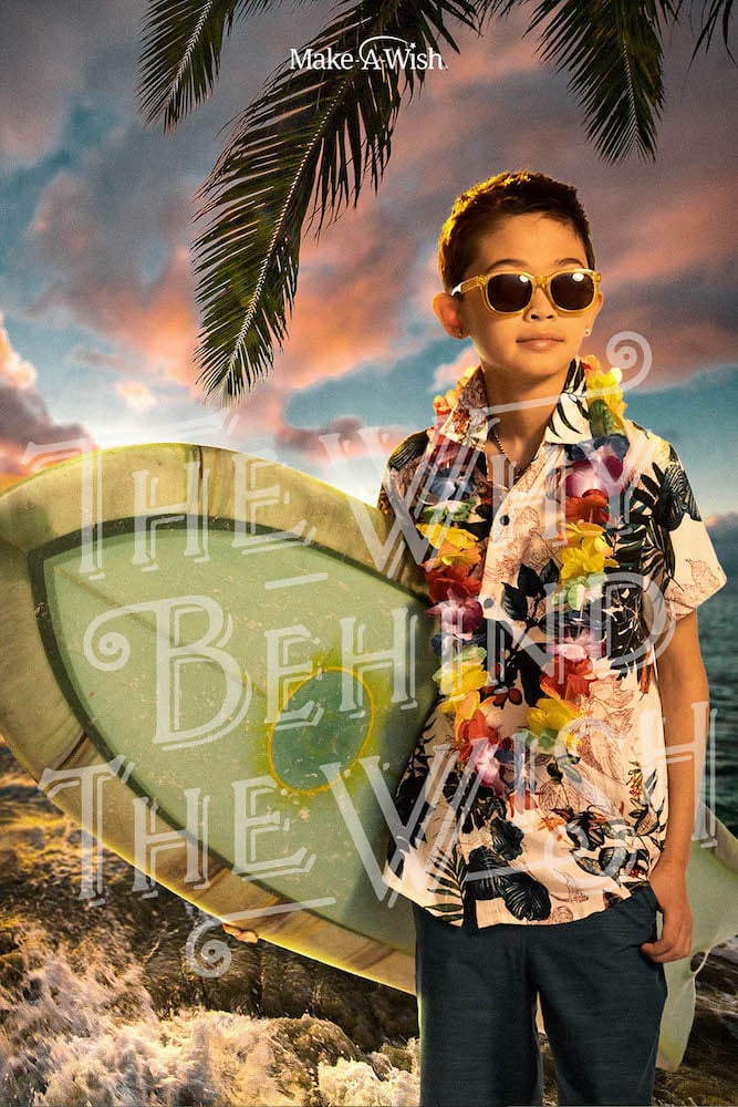 Portrait of wish kid as Hawaiian surfer on beach, with surfboard, sunglasses, and palm tree, by Miami-based portrait photographer Sonya Revell.