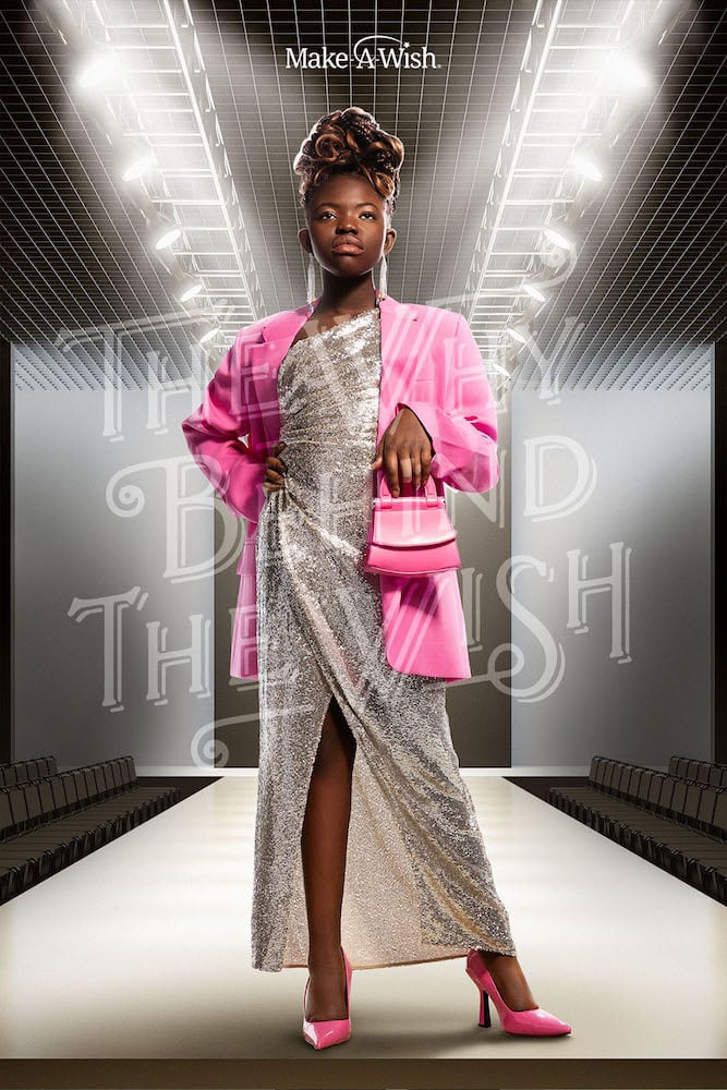 Portrait of wish kid as fashion model on runway, with sequined silver dress and pink coat and handbag, by Miami-based portrait photographer Sonya Revell. 