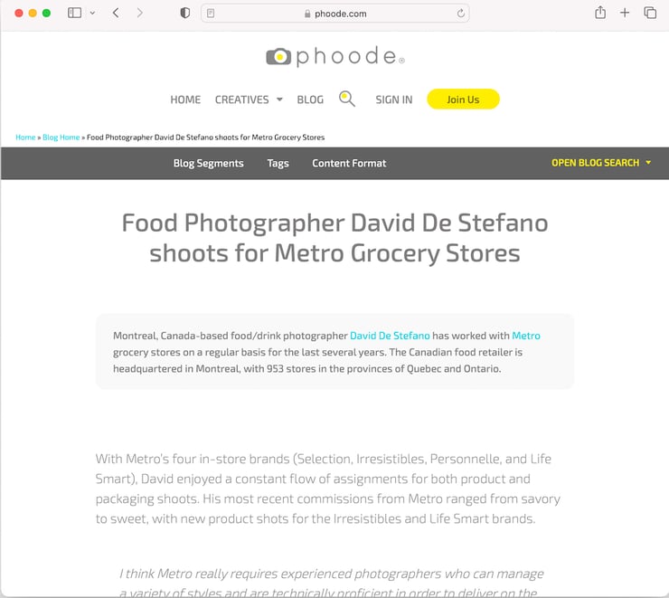 Screenshot from Phoode showing the article on David De Stefano which they republished by Wonderful Machine