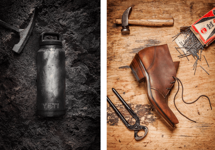 Still life images of a water bottle for Yeti (left) and a leather boot for Texas Monthly (right) both shot by Austin-Texas based photographer Jeff Wilson