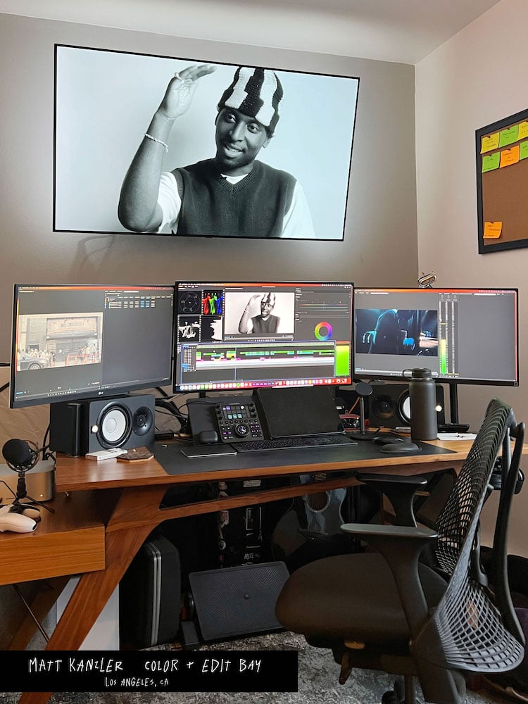 Behind-the-scenes- image of photographer's video editing studio for Us project, by Brooklyn-based music/performing arts photographer Dan Robinson. 