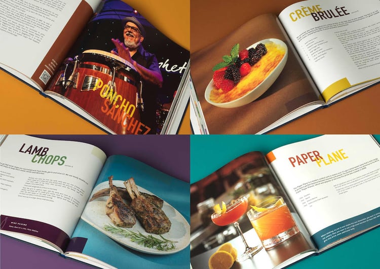 Tear sheet of Spaghettini at Home cookbook, with four interior sample spreads, by Seal Beach, California-based food/drink and music/performing arts photographer Eric Hameister.