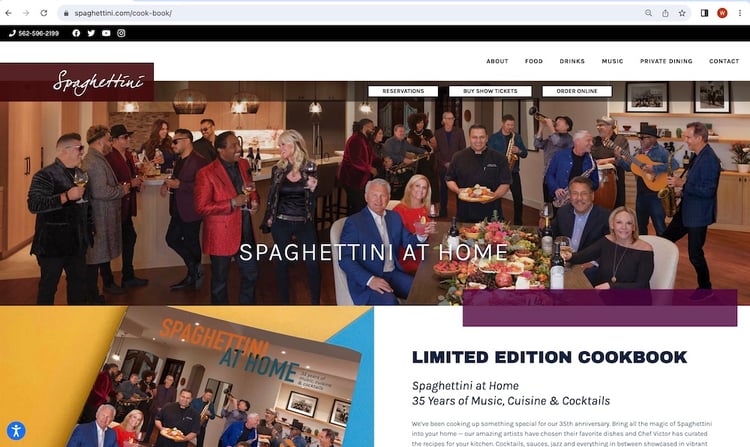 Tear sheet of Spaghettini at Home cookbook on client website; cover image by Seal Beach, California-based food/drink and music/performing arts photographer Eric Hameister.