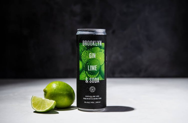 Photo of a canned cocktail against a black background. Brooklyn Gin, canned gin, gin, alcohol, canned drinks, cocktail, drink, Michael Marquand, beverage photography, product photography, beverage photographer, product photographer
