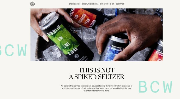 Tearsheet by Michael Marquand featuring an image of hands reaching into a bucket of ice and grabbing Brooklyn Gin canned cocktails. Brooklyn Gin, canned gin, gin, alcohol, canned drinks, cocktail, drink, Michael Marquand, beverage photography, product photography, beverage photographer, product photographer