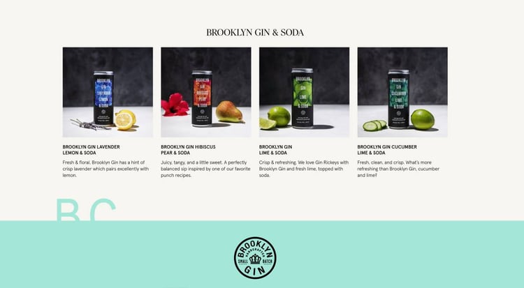 Tearsheet featuring separate images of four different canned cocktails next to their primary ingredients. Brooklyn Gin, canned gin, gin, alcohol, canned drinks, cocktail, drink, Michael Marquand, beverage photography, product photography, beverage photographer, product photographer