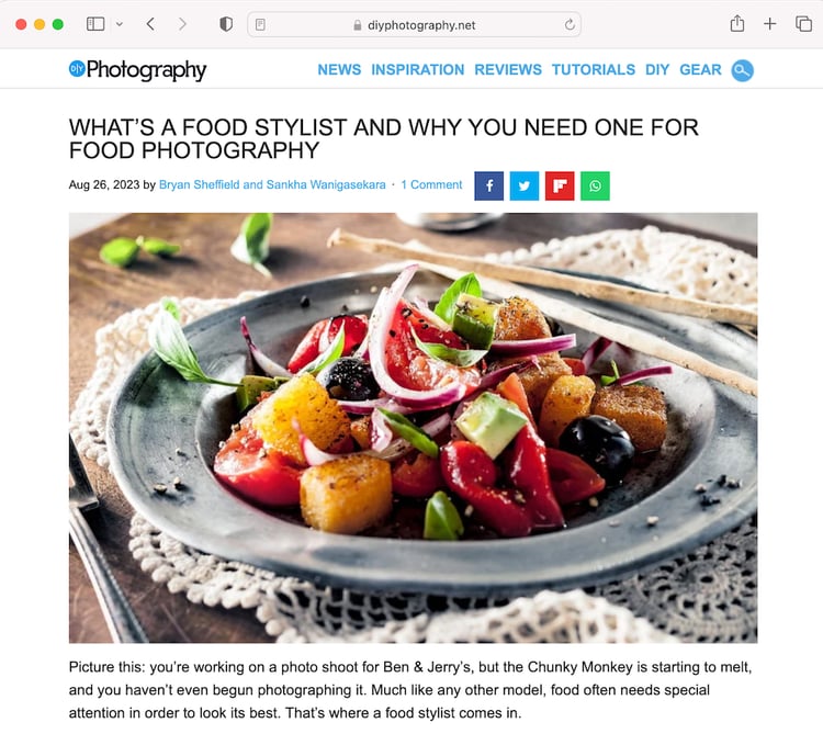 An image of a plate of vegetables is shown in the Crew article on Food Stylists that DIY Photography republished 