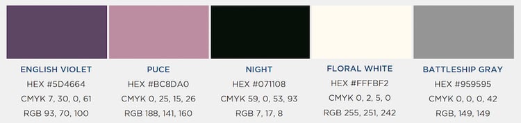 This is the color palette that we designed for her brand identity. For each color, I included the name of the color, the HEX, the CMYK, and the RGB codes.