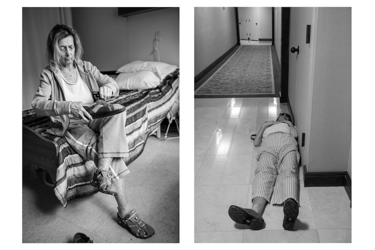 Diptych portraits of woman seated holding shoe on bedside, and figure in sunglasses lying splayed out on a hallway floor, by 2022 grantee Lori Grinker. 