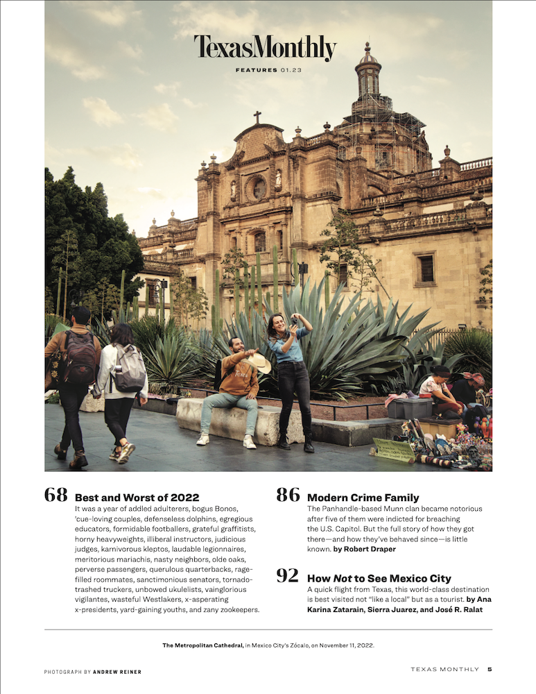 Tear sheet of two tourists taking photos before church, with tall agave plants, by Mexico City-based travel photographer Andrew Reiner. 