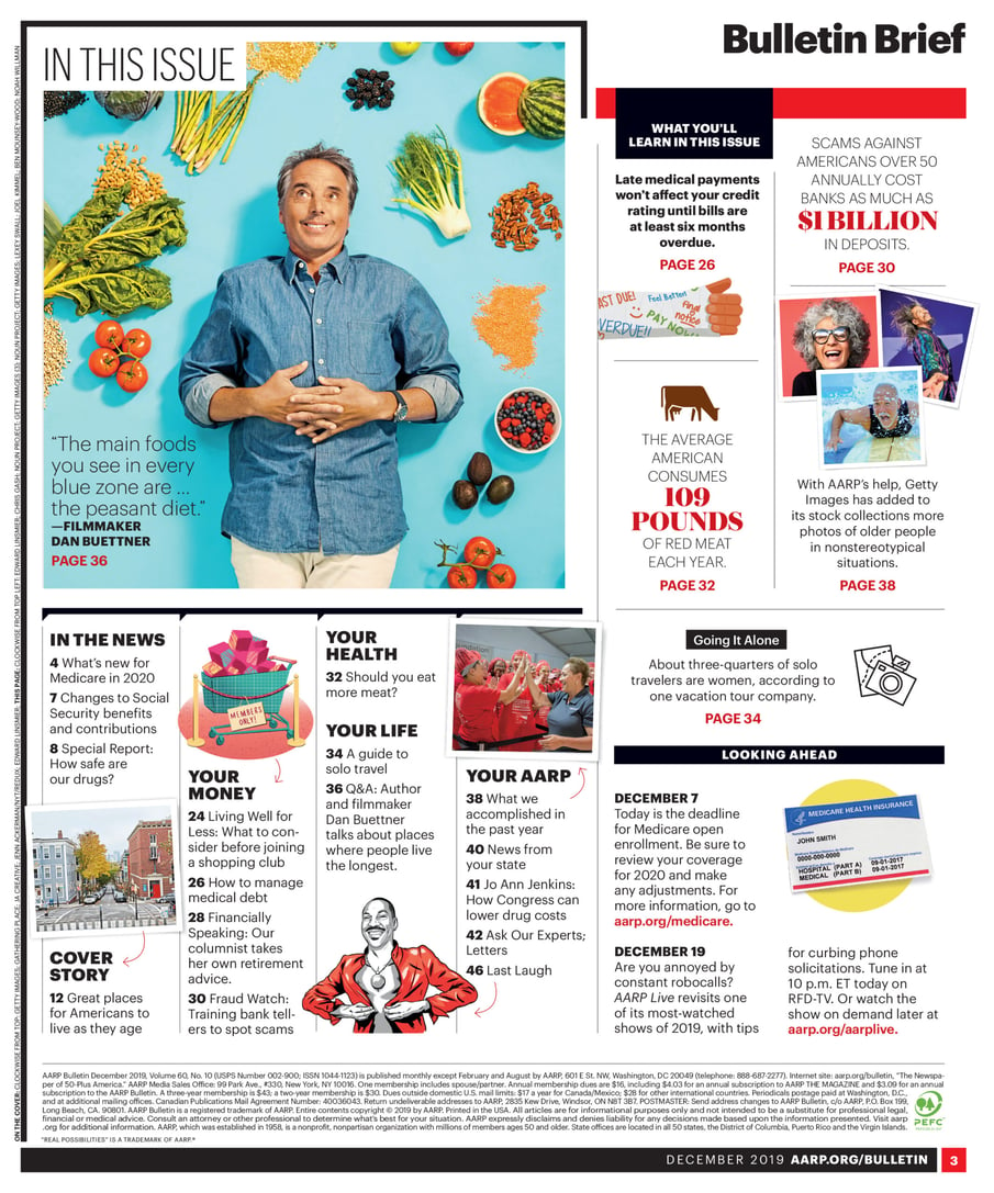 Edward Linsmier's AARP Bulletin tear shows Buettner and quote "The main foods you see in every blue zone are...the peasant diet."