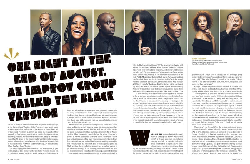 Image of Los Angeles Magazine feature on improv comedy group The Black Version with photos by Carlo Ricci.