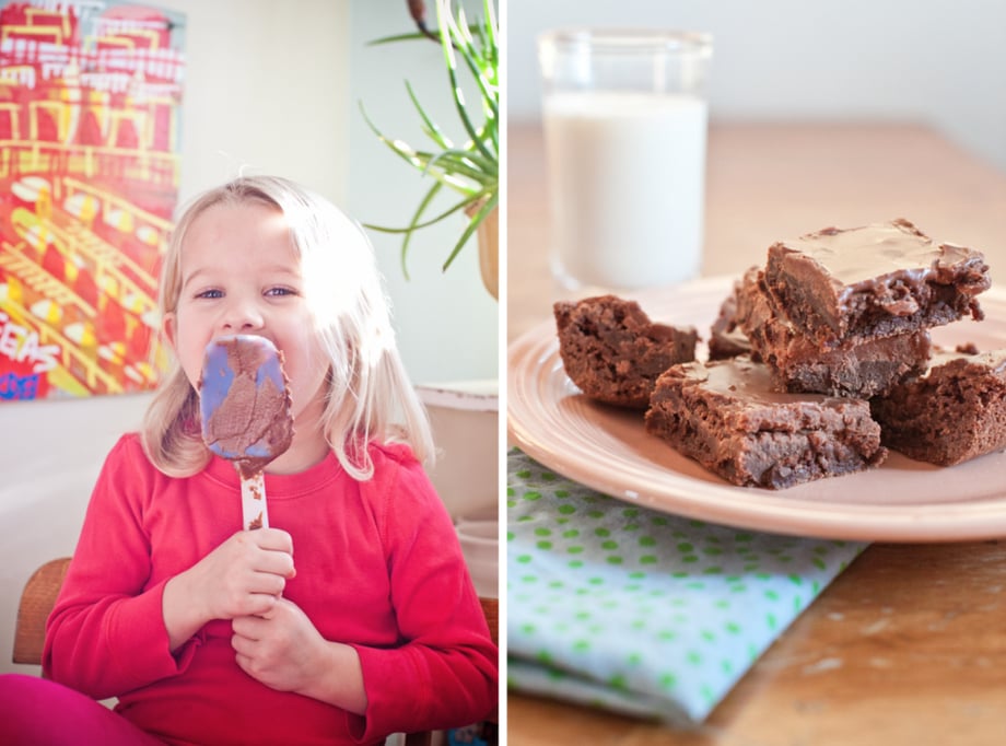 Two photographs by Julia Vandenoever of a girl with a spatula and a plate of brownies