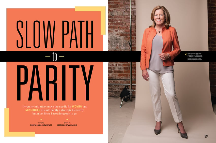 Tear sheet of the cover of Multifamily Executive Magazine featuring Julie Smith photographed by Marisa Guzman-Aloia