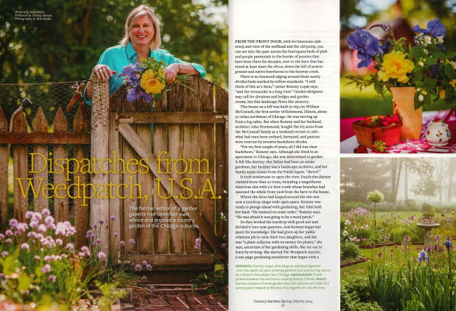 Tearsheet showcasing a woman posing proudly in her garden, a home grown floral arrangement, and a misty garden, photos by Bob Stefko