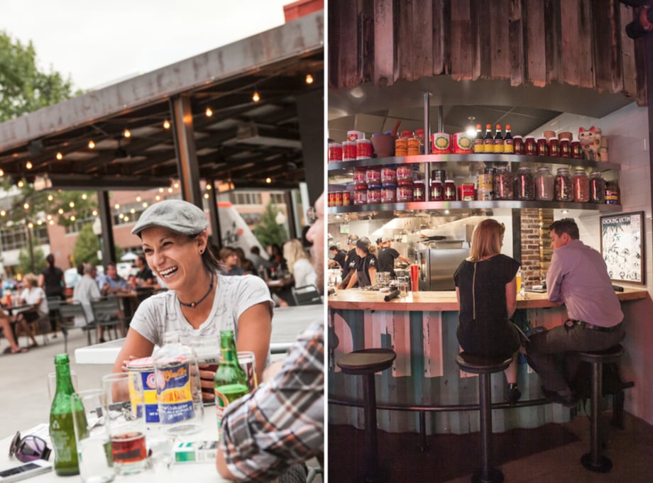 Two photographs by Julia Vandenoever of a woman at a table and two people at a bar