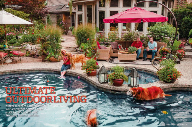Tearsheet featuring a family and their golden retriever hanging out by their pool, photo by Bob Stefko.