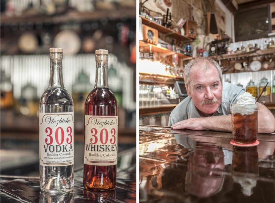 Two photographs by Julia Vandenoever of bottles of whiskey and a man with mixed cocktail