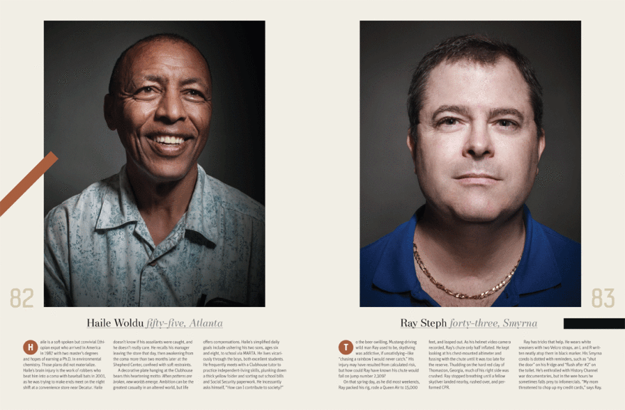 Portrait of two men at Side by Side Brain Injury Clubhouse by Atlanta-based portraiture photographer Audra Melton in Atlanta Magazine
