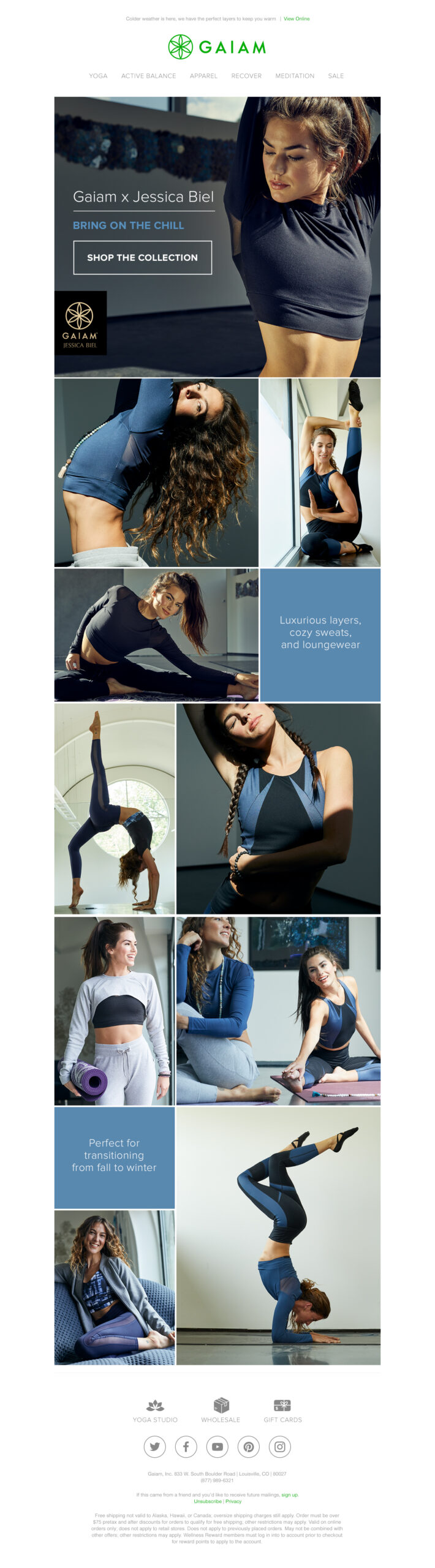 This tear sheet shows Jason Innes' shots for Gaiam in their email messaging to showcase Jessica Biel's line of clothing